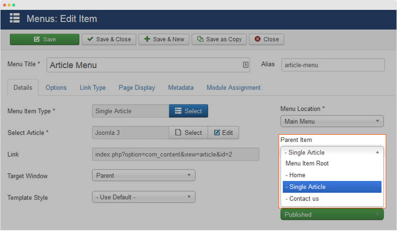 drop down menu